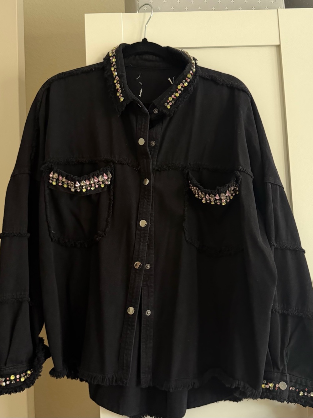 Zara Black Denim Jacket With Rhinestone Embellishments - Size: M